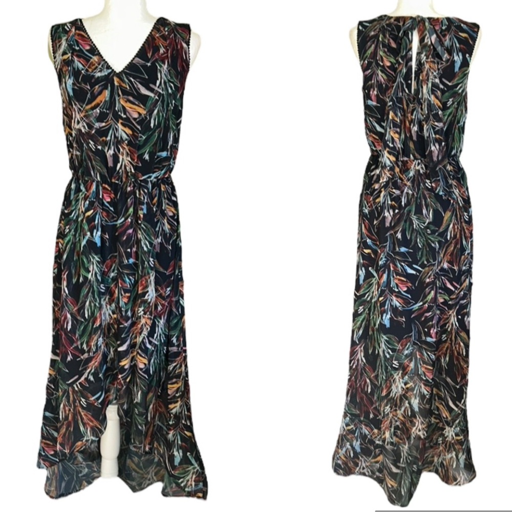 NWT Carre Noir Black Tropical Floral Leaf Print High Low Tie Neck Midi Dress - M